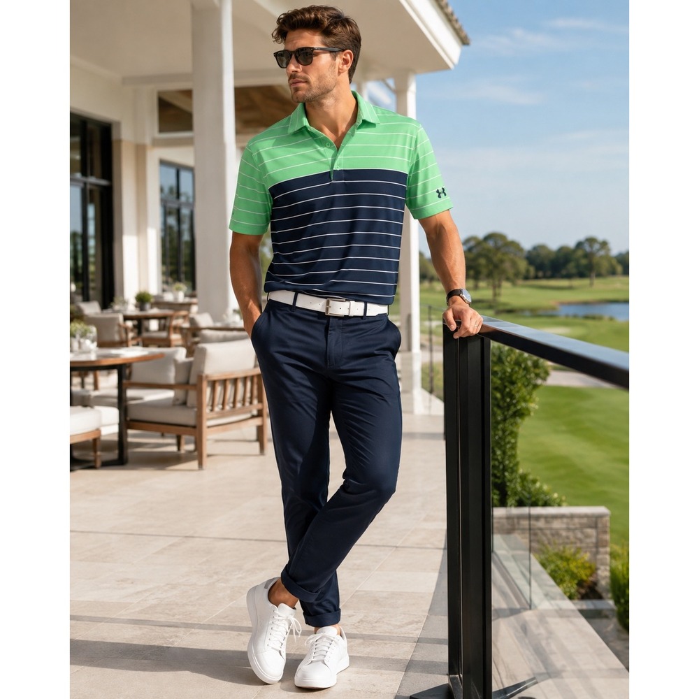 Under Armour HeatGear Polo Mens Large Green Navy Stripe Golf Loose Fit Shirt